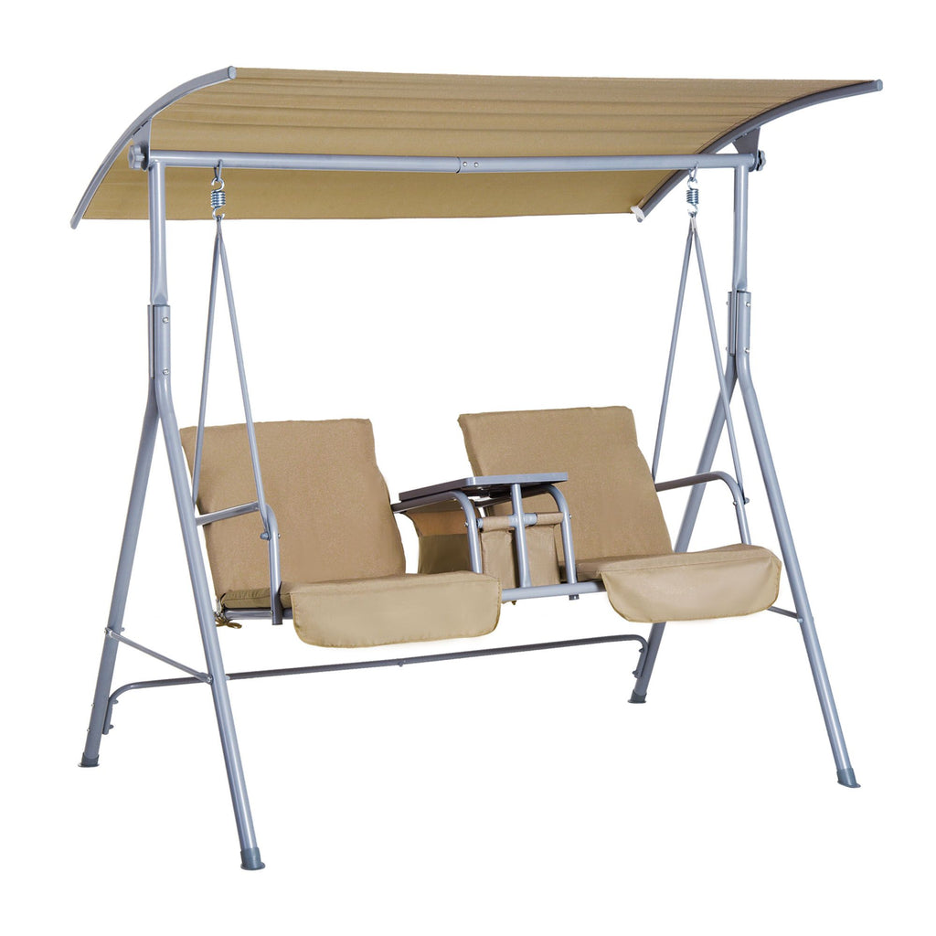 2-Person Outdoor Swing Seat with Adjustable Canopy, Table, Storage Console, Beige