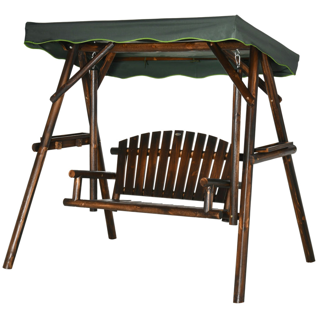 2-Person Patio Swing Chair, Outdoor Hanging Wooden Porch Bench Loveseat w/ Adjustable Canopy and Side Trays for Garden, Poolside, Backyard