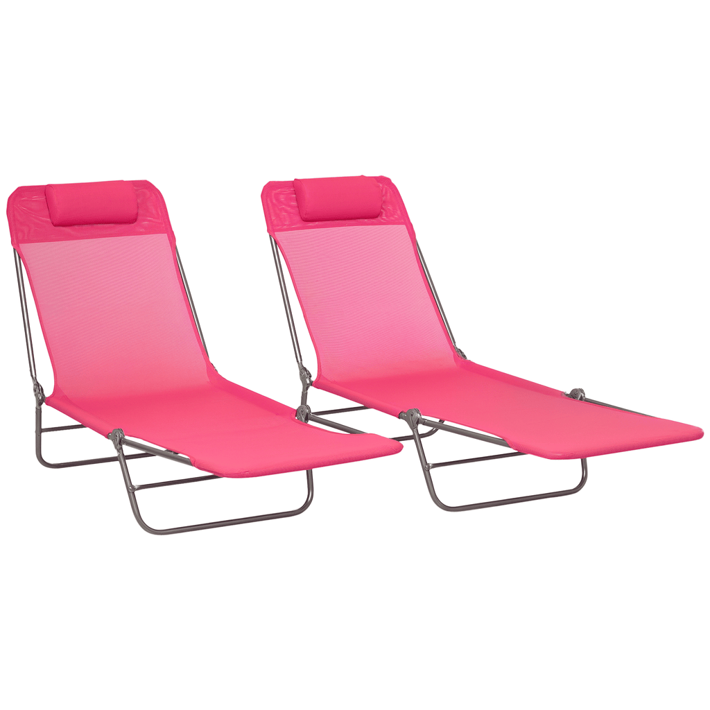 2 Piece Folding Chaise Lounge Chairs, Pool Sun Tanning Chairs with Reclining Back, Breathable Mesh Seat, Headrest for Beach, Yard, Patio, Pink