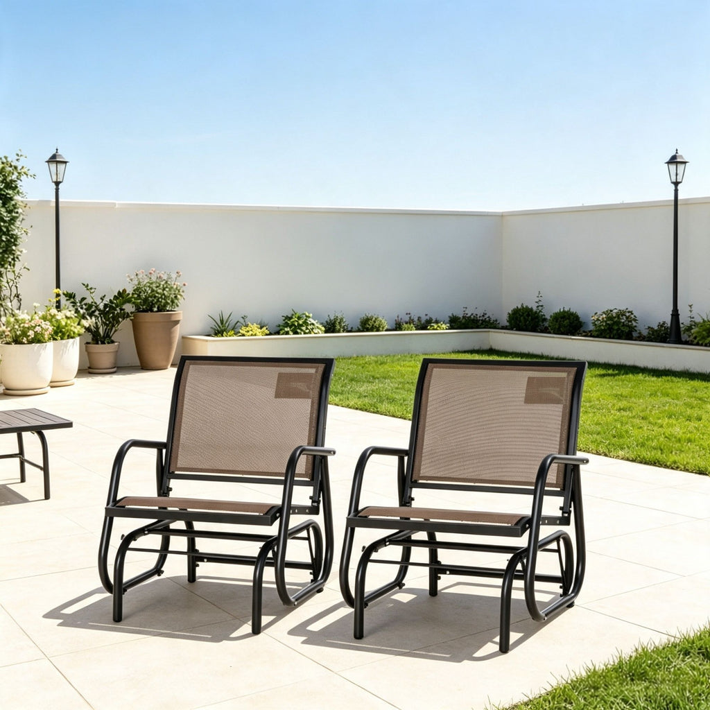 2-Piece Metal Glider Chair Set, Breathable Mesh Swing Chair with Curved Armrests, for Garden, Poolside & Balcony, Brown