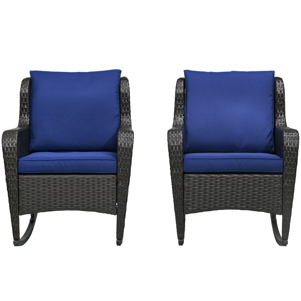 2 Piece Outdoor Wicker Rocking Chair Dark Blue Rattan Rocker Cushions Steel Frame Patio Garden Backyard