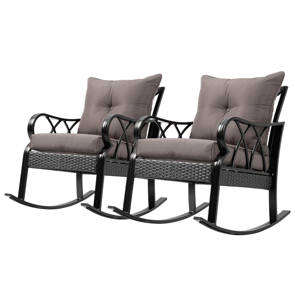 2 Piece Outdoor Wicker Rocking Chairs Gray Rattan Porch Rockers Cushions Aluminum Frame Garden Patio
