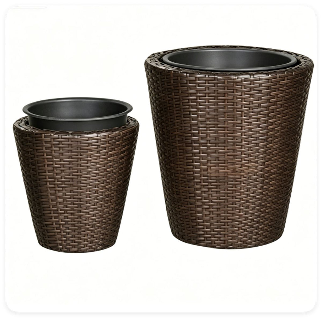 2-Piece PP Rattan Planter Set, 15 & 12 Tapered Square Flower Pots with Built-in Inner Pots & Drainage Holes for Indoor Outdoor Patio Garden