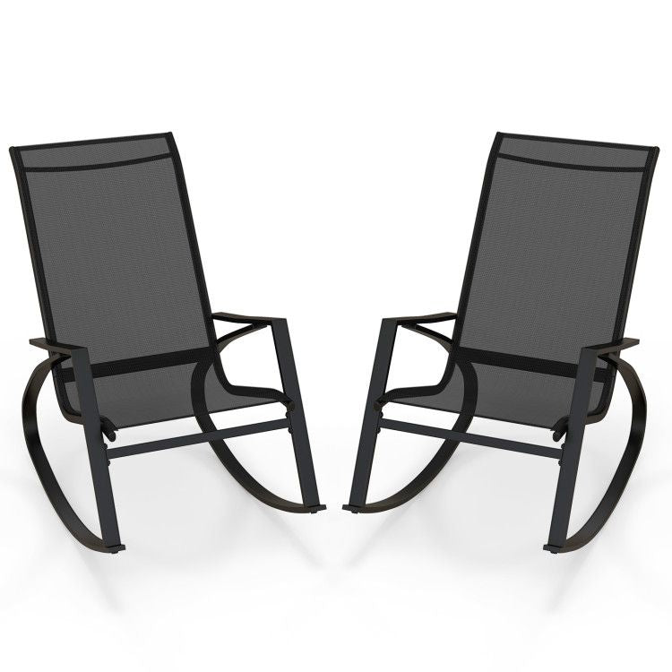 2 Pieces Patio Rocking Chairs Outdoor Sling Fabric Rockers with Ergonomic Backrest and Seat