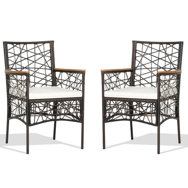 2 Pieces PE Wicker Patio Bistro Dining Chairs with Acacia Wood Armrests and Cushions