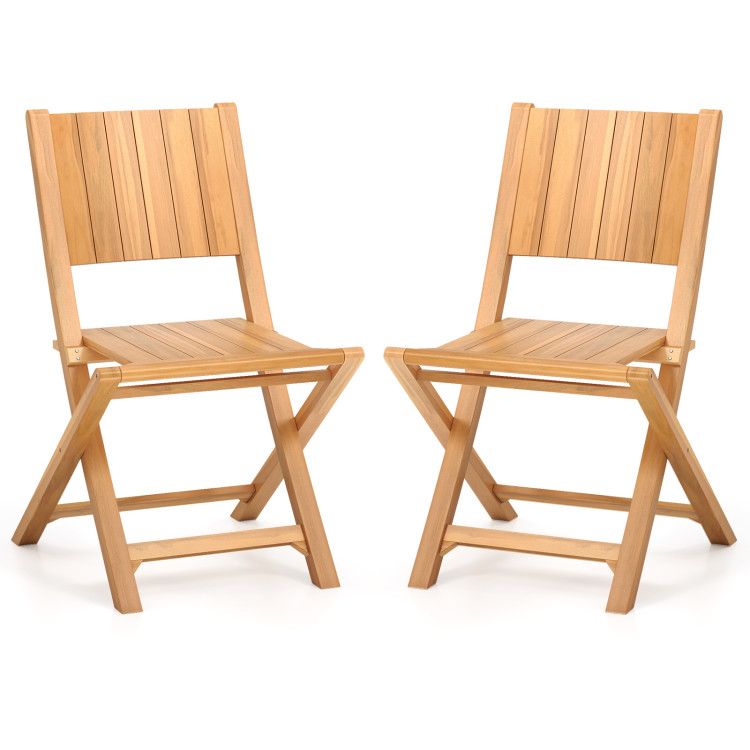 2 Pieces Teak Wood Outdoor Dining Chairs with Slatted Seat