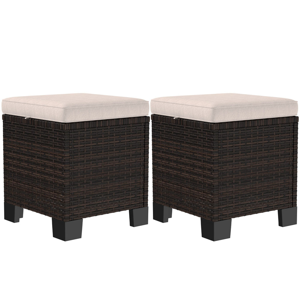 2 Pieces Wicker Outdoor Ottomans with Cushions, Rattan Ottoman Footrest & Side Table for Patio Yard Poolside, Cream