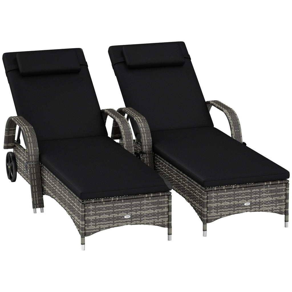2 Reclining Chaise Lounge Chairs, Rolling Outdoor Chairs with Cushion, Pillow, Headrest, Armrests, and Wheels, Black