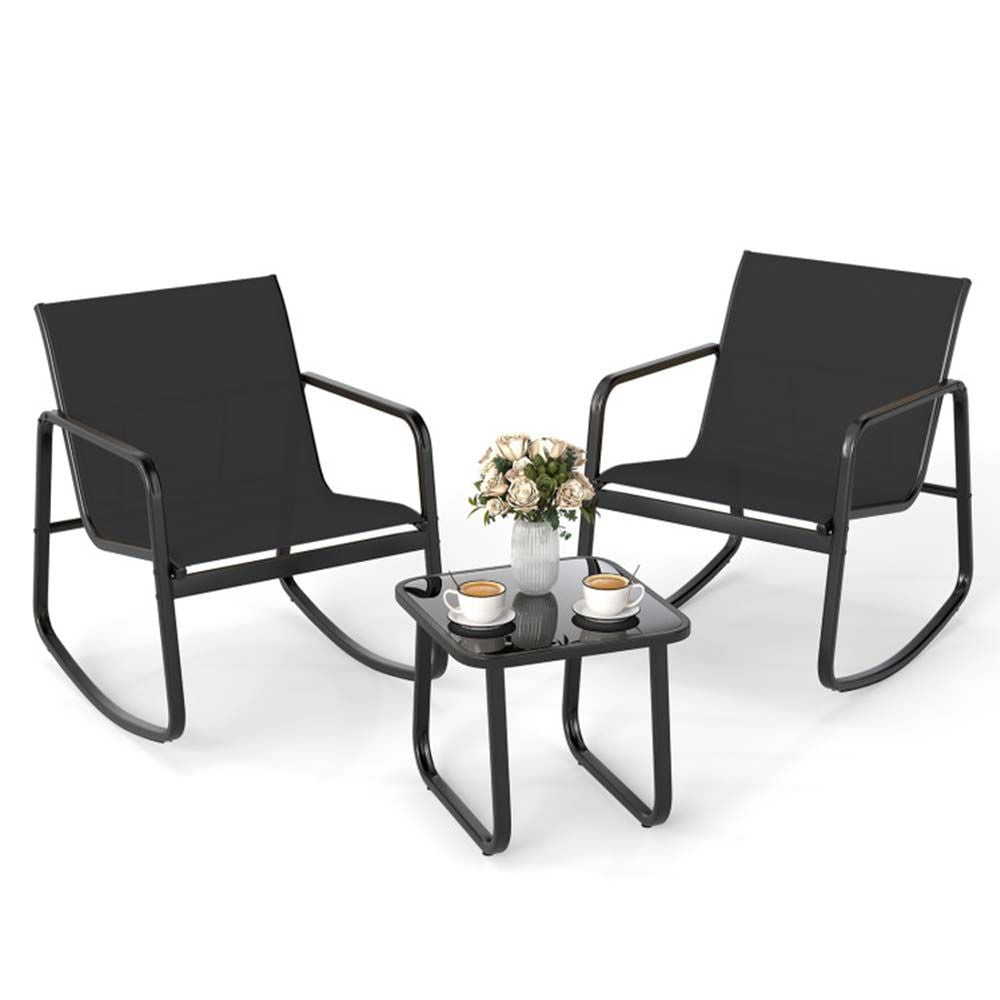 2 Rocking Bistro Chairs and Glass-Top Table for Porch Yard Balcony