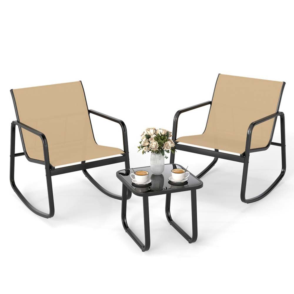 2 Rocking Bistro Chairs and Glass-Top Table for Porch Yard Balcony