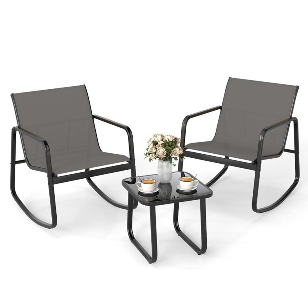 2 Rocking Bistro Chairs and Glass-Top Table for Porch Yard Balcony