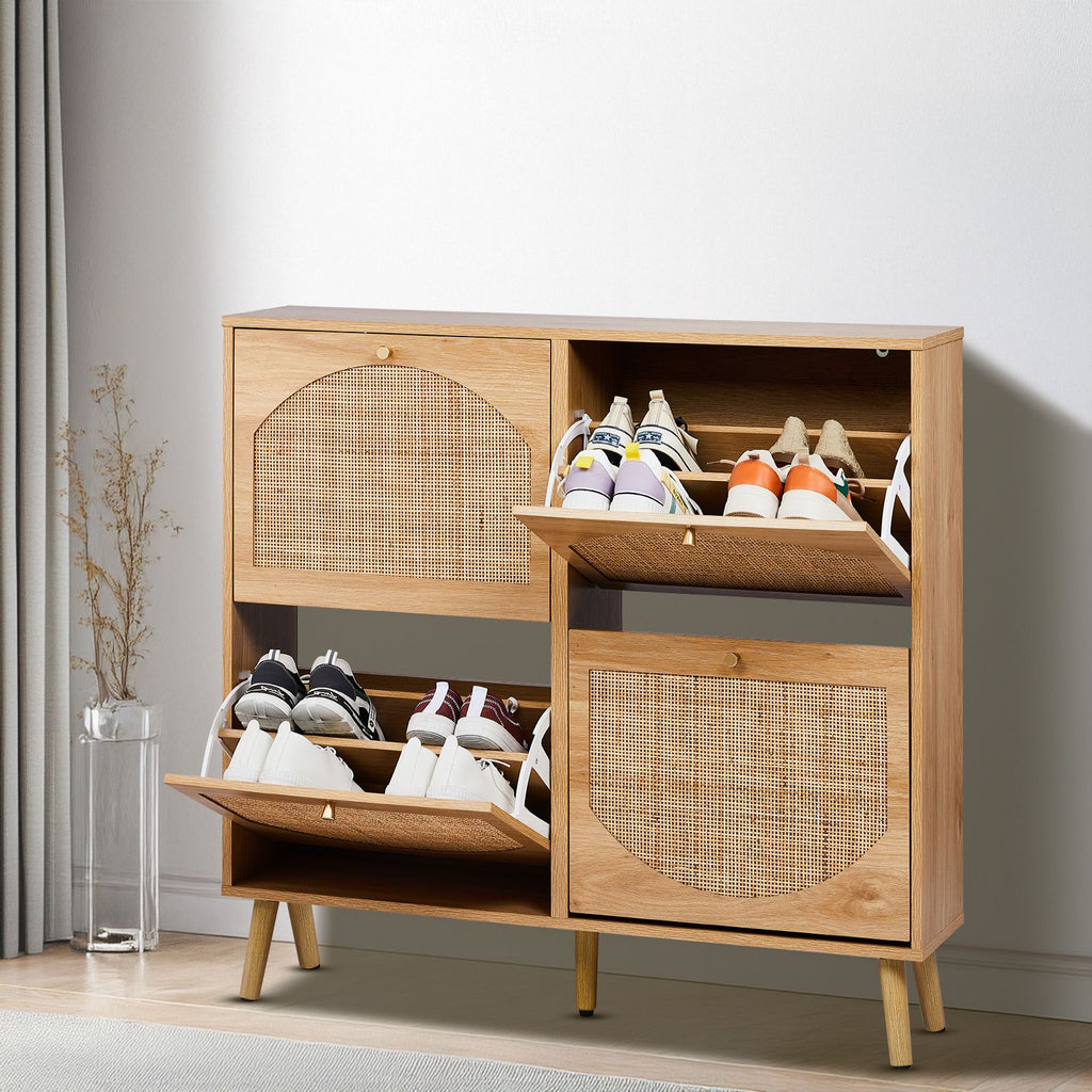 2 rows of 4 dump buckets with high feet arched rattan surface shoe cabinet density board with triamine 105*24*98cm original wood color