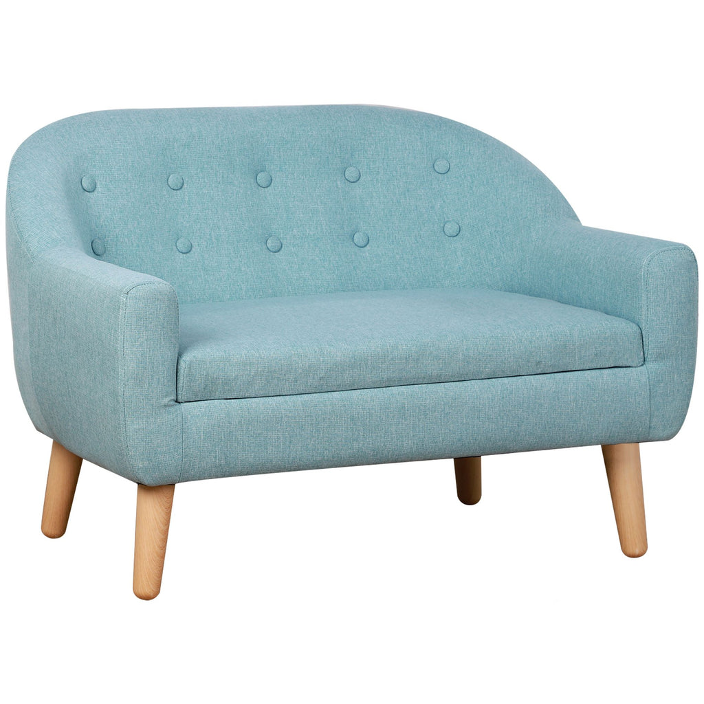 2-Seat Kids Sofa, Blue Linen Fabric and Wood Frame, Durable Toddler Couch for Ages 3-6
