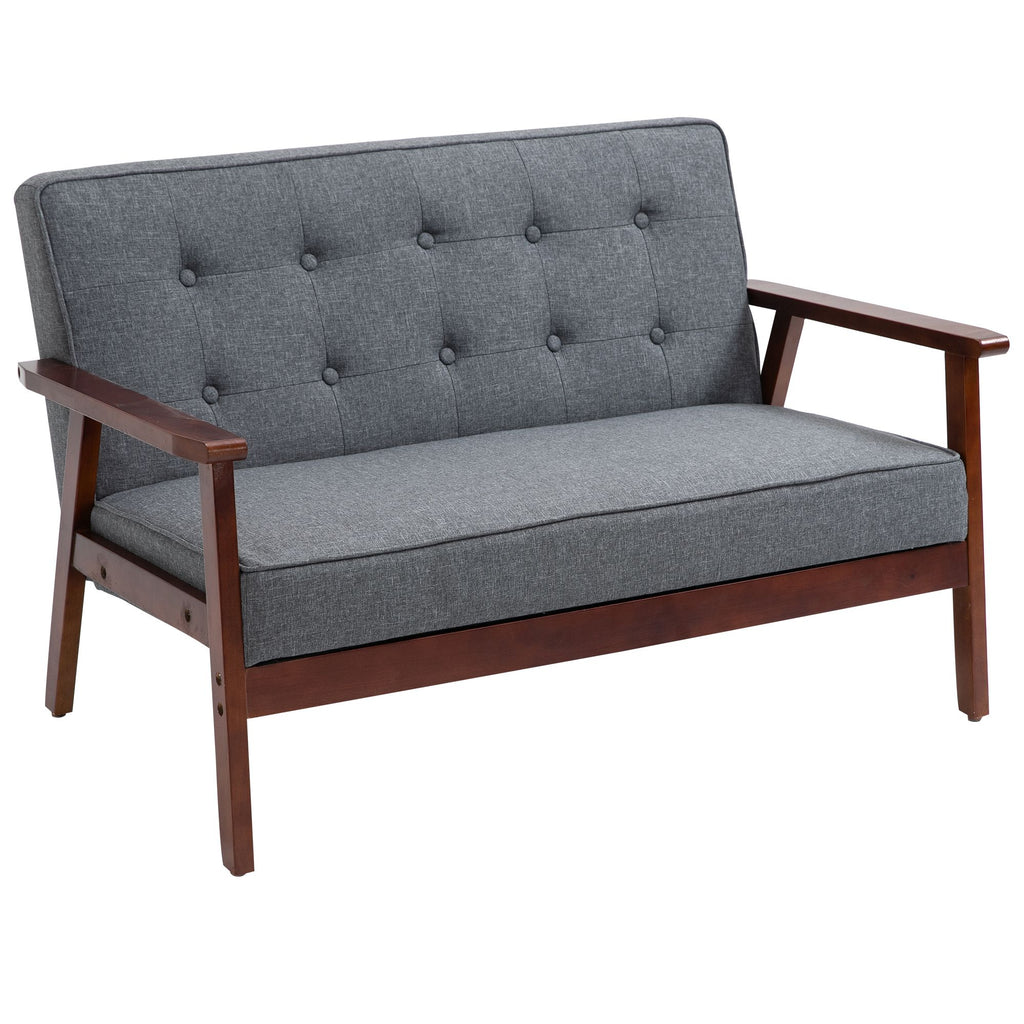 2-Seat Loveseat Sofa Linen-Touch Fabric Tufted Couch Rubberwood Legs Grey