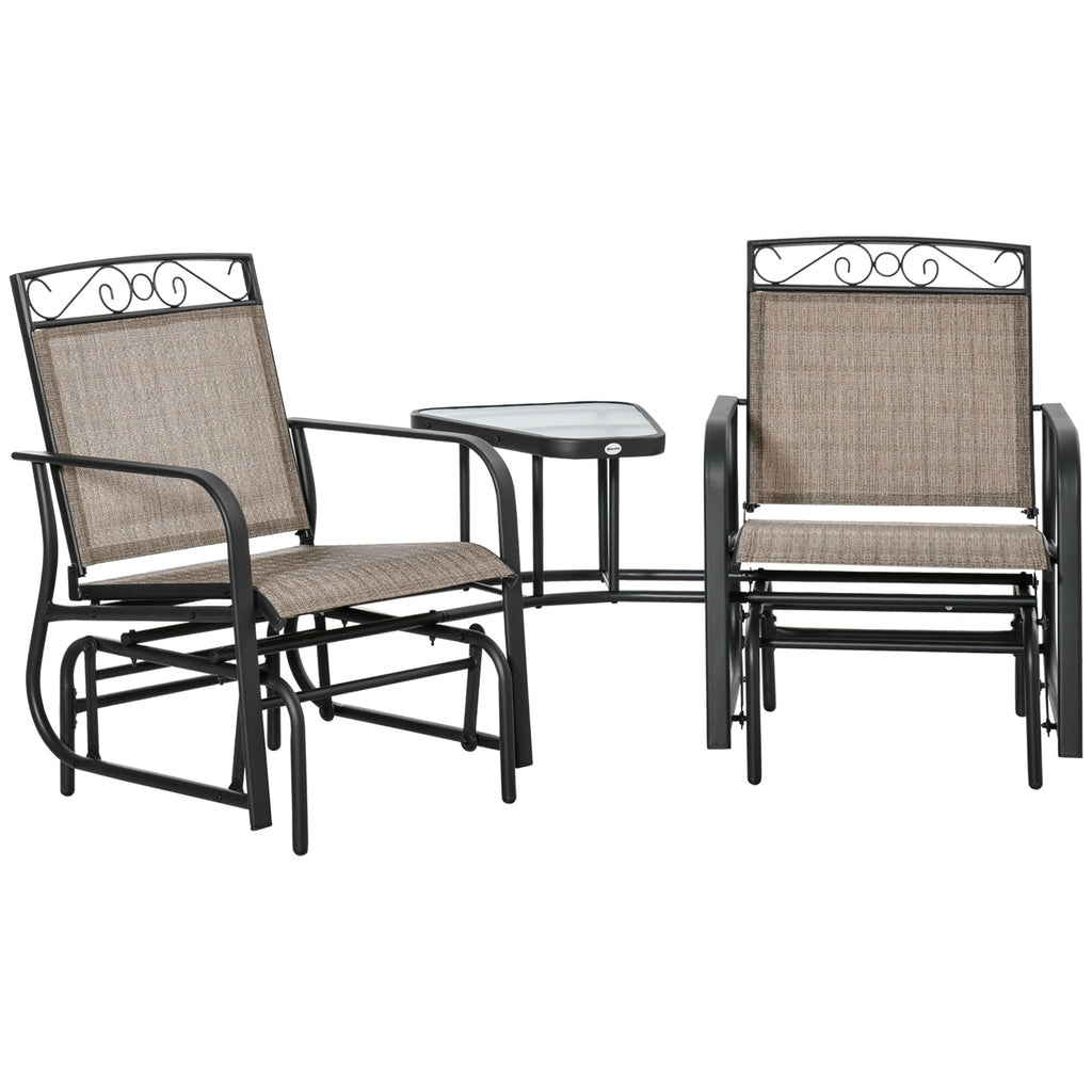 2-Seat Outdoor Glider Swing, Independent Rocking Chairs, with Center Coffee Table, Breathable Sling, Up to 304 lbs., Brown