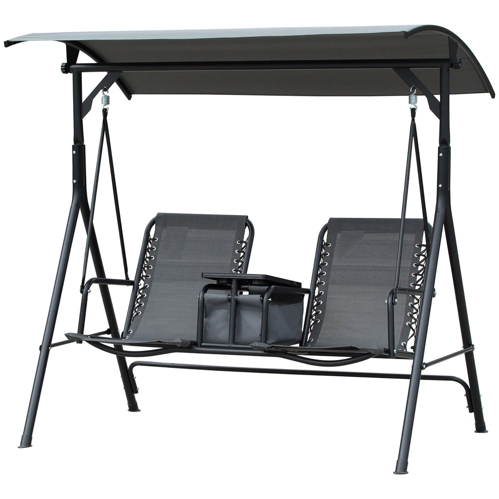 2-Seat Outdoor Porch Swing, with Pivot Storage Table, Adjustable Tilt Canopy, Anti-Slip Foot Pad, Breathable Mesh Seat, Grey
