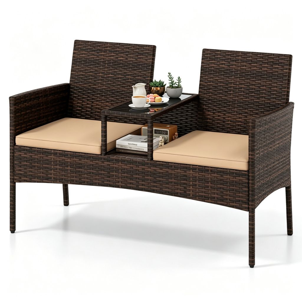 2-Seat PE Wicker Patio Loveseat Set, Outdoor Rattan Sofa with 2-Tier Tempered Glass Table, Thick Detachable Cushions & Adjustable Foot Pads for Balcony Garden Porch