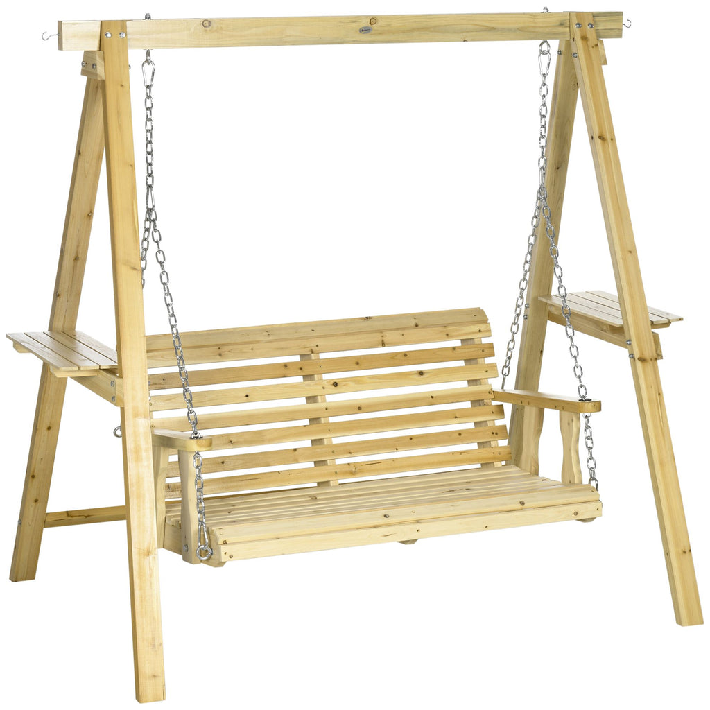 2-Seat Porch Swing Loveseat with Stand and Side Tables, Wooden Patio Swing Chair, for Garden, Poolside, Backyard