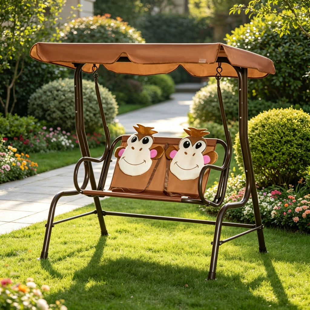 2-Seater Kids Patio Swing, Adjustable Canopy Safety Belt, Monkey Pattern Hanging Swing Bench for Garden Backyard