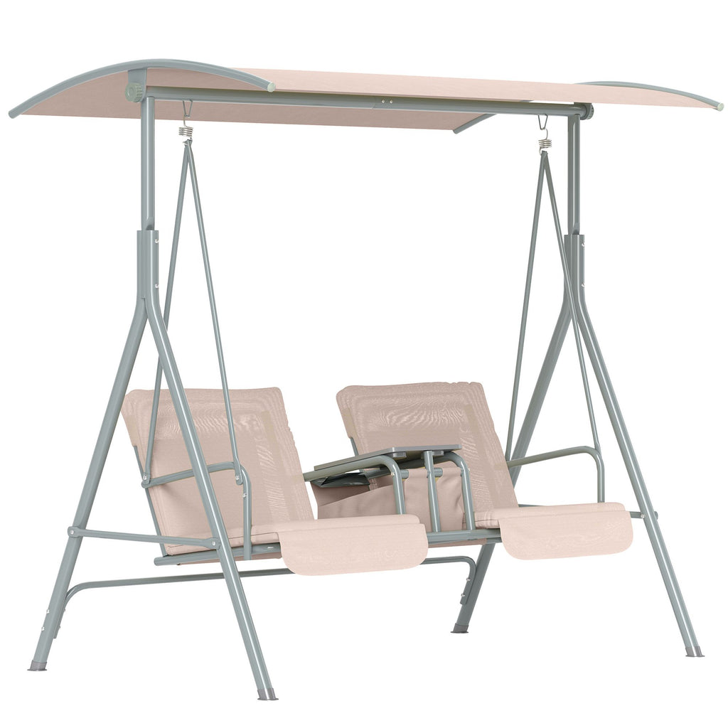 2-Seater Outdoor Porch Swing with Canopy and Table, Patio Swing Chair for Garden, Poolside, Backyard, Beige