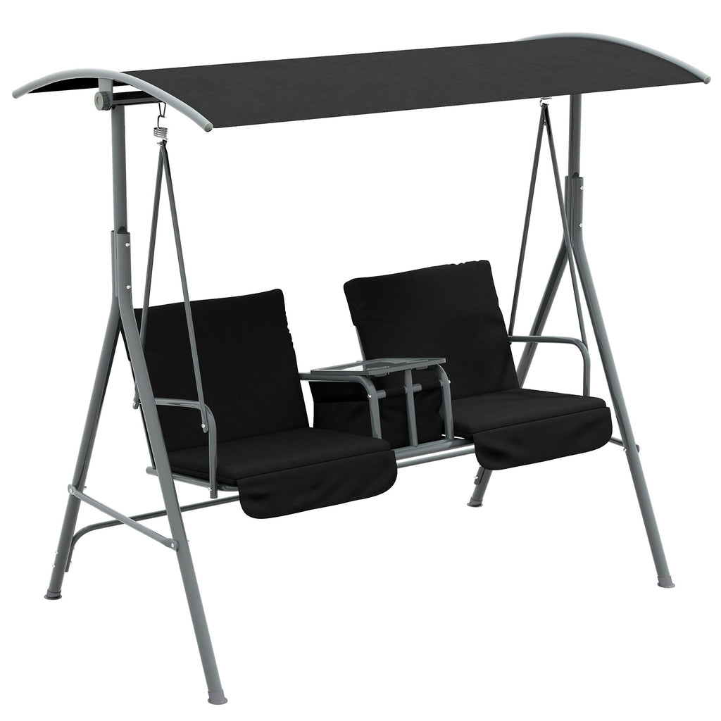 2-Seater Outdoor Porch Swing with Canopy and Table, Patio Swing Chair for Garden, Poolside, Backyard, Black