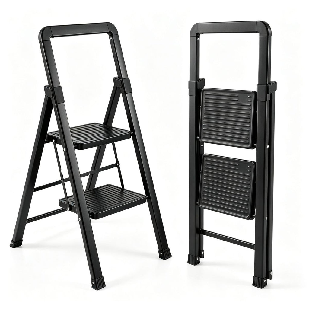2 Step Folding Step Ladder, 330 lbs Heavy-Duty Metal Step Stool with Reinforced X-Structure, Anti-Slip Wide Pedals Portable Foldable Ladder for Home Kitchen Cleaning Decor