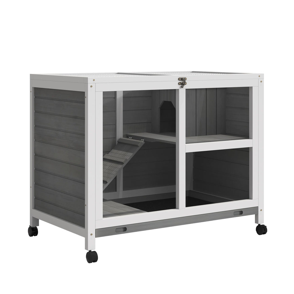 2-Story Bunny Hutch Indoor, Wooden Guinea Pig Cage with Tray, Casters, Lockable Doors, Ramp Gray