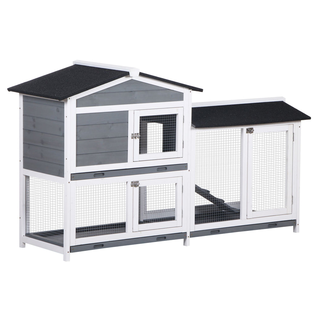 2-Story Rabbit Hutch Wooden Bunny Cage with Ramp Weatherproof Roof Gray