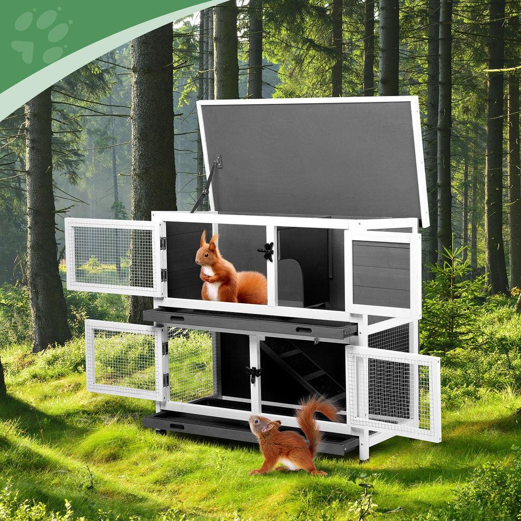 2 Story Solid Wood Rabbit Hutch Bunny Cage with 2 Large Main Rooms, Indoor Outdoor Rabbit House Guinea Pig Cage Pet House for Small Animals with 2 Removable Trays, Grey