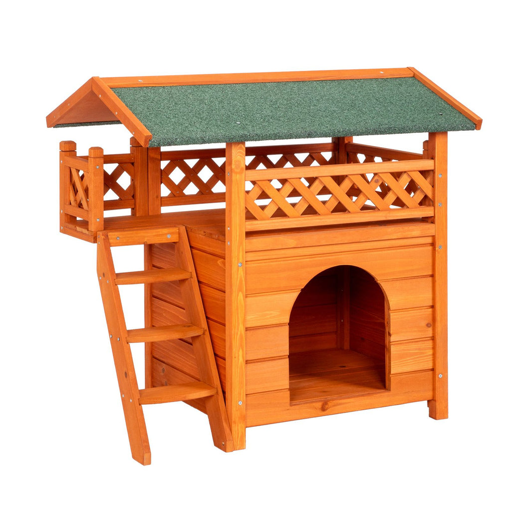2-Story Wooden Feral Cat House Outdoor Indoor Kitty Houses with Door & Stairs & Weatherproof Roof, Orange & Green