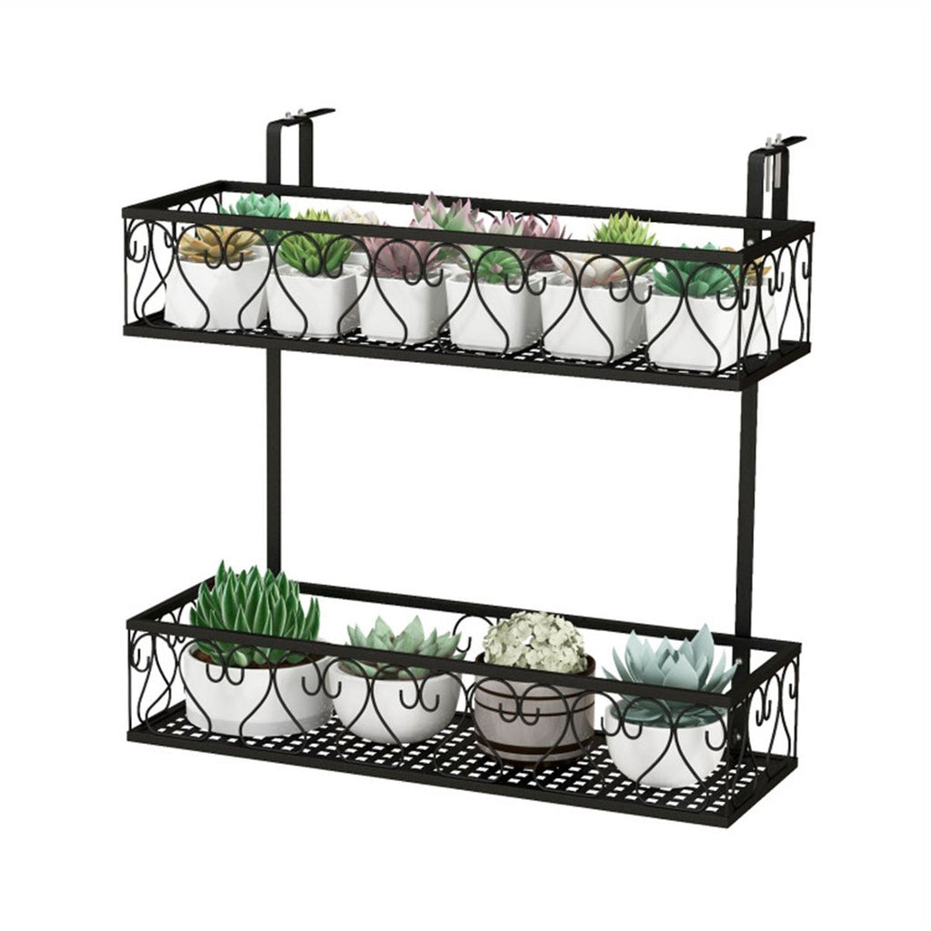 2-Tier Adjustable Railing Plant Stand with Hooks, Metal Hanging Flower Pot Holder for Balcony Porch