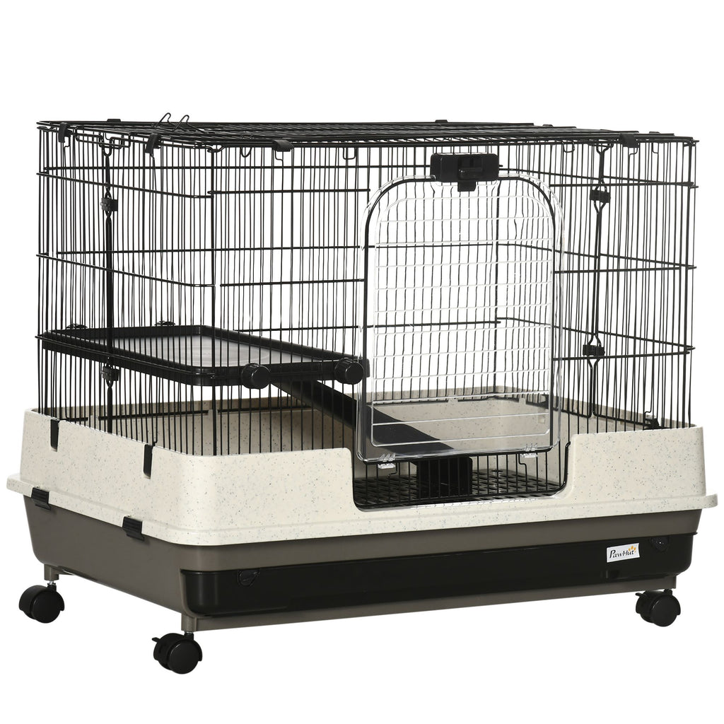 2-Tier Black Small Animal Cage Rabbit Hutch with Wheels Removable Tray Platform Ramp for Bunny Chinchillas Ferret Hedgehog Gerbils
