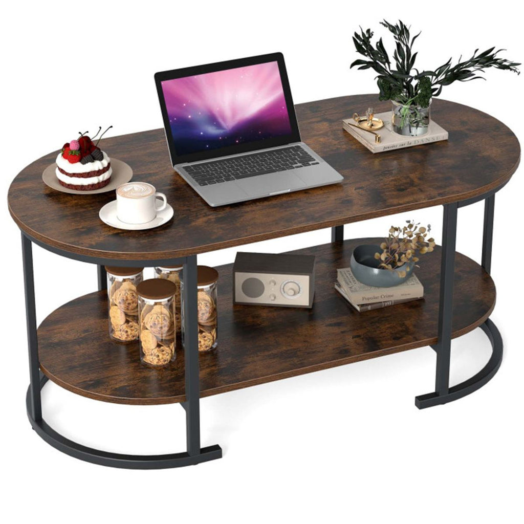 2-Tier Coffee Table with Metal Frame, 100×50×45 cm Robot Vacuum Friendly Accent Table, 88 lbs Capacity for Living Room Office-Rustic Brown