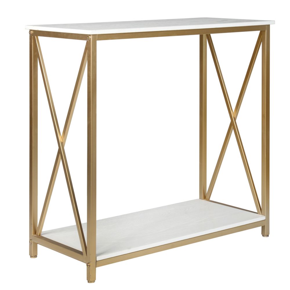 2-Tier Console Table, Gold Sofa Entry Table with Faux Marble Top and Gold Metal Frame for Home