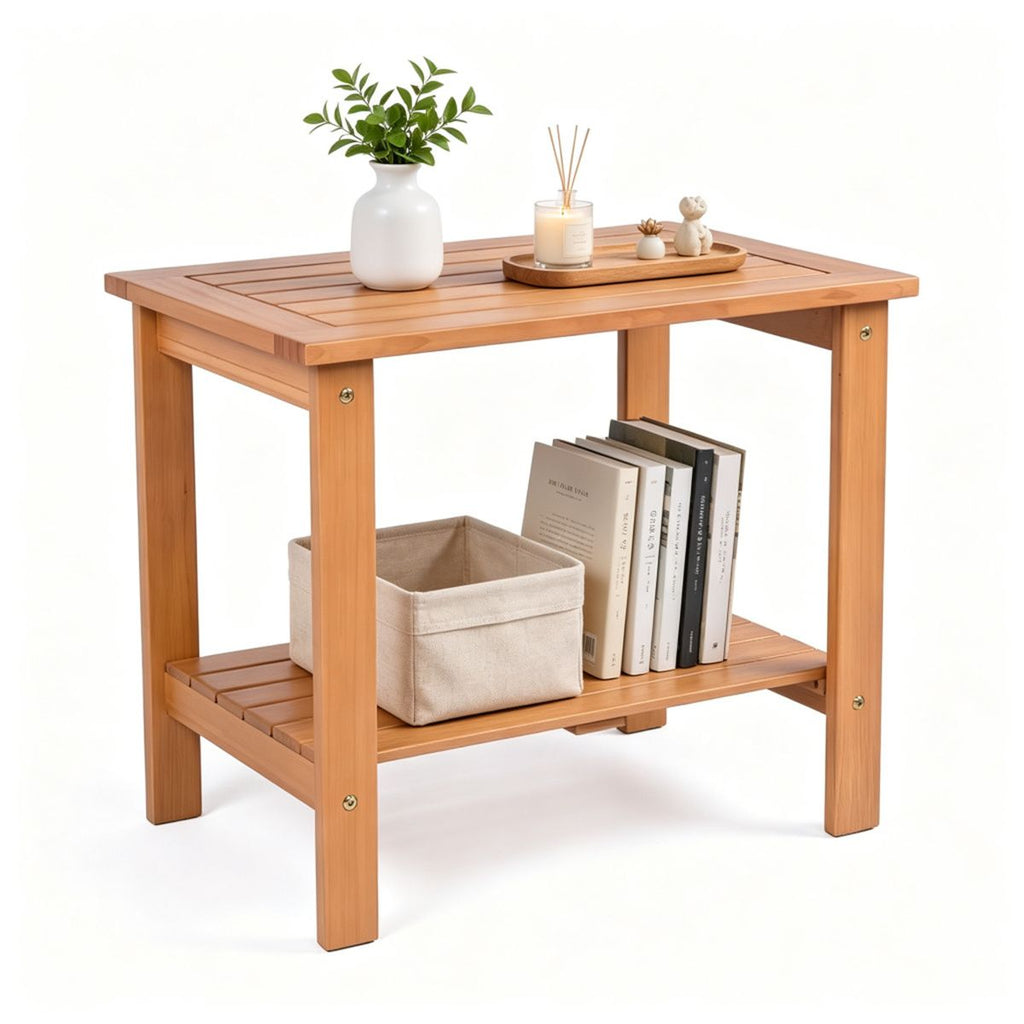 2-Tier Eucalyptus Wood Patio Side Table, Rustic Outdoor End Table with Slatted Tabletop & Bottom Shelf, Stable Reinforced Bistro Table for Garden Balcony Living Room - Natural