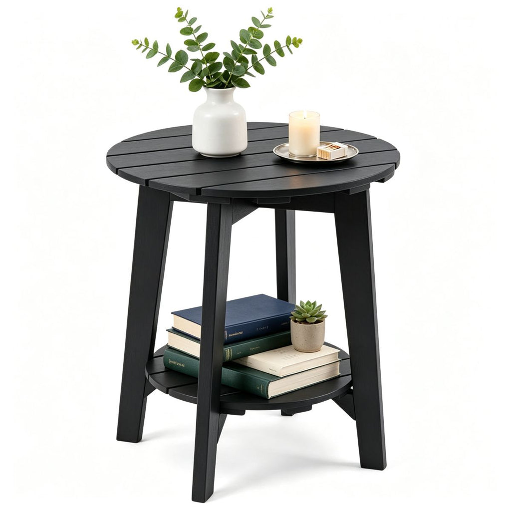 2-Tier Eucalyptus Wood Patio Side Table, Rustic Slatted Outdoor End Table with Bottom Storage Shelf, Stable Reinforced Small Bistro Table for Garden Balcony Home Decor - Black