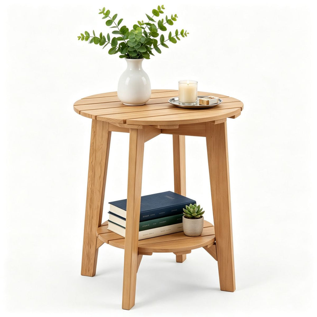 2-Tier Eucalyptus Wood Patio Side Table, Rustic Slatted Outdoor End Table with Bottom Storage Shelf, Stable Reinforced Small Bistro Table for Garden Balcony Home Decor - Natural