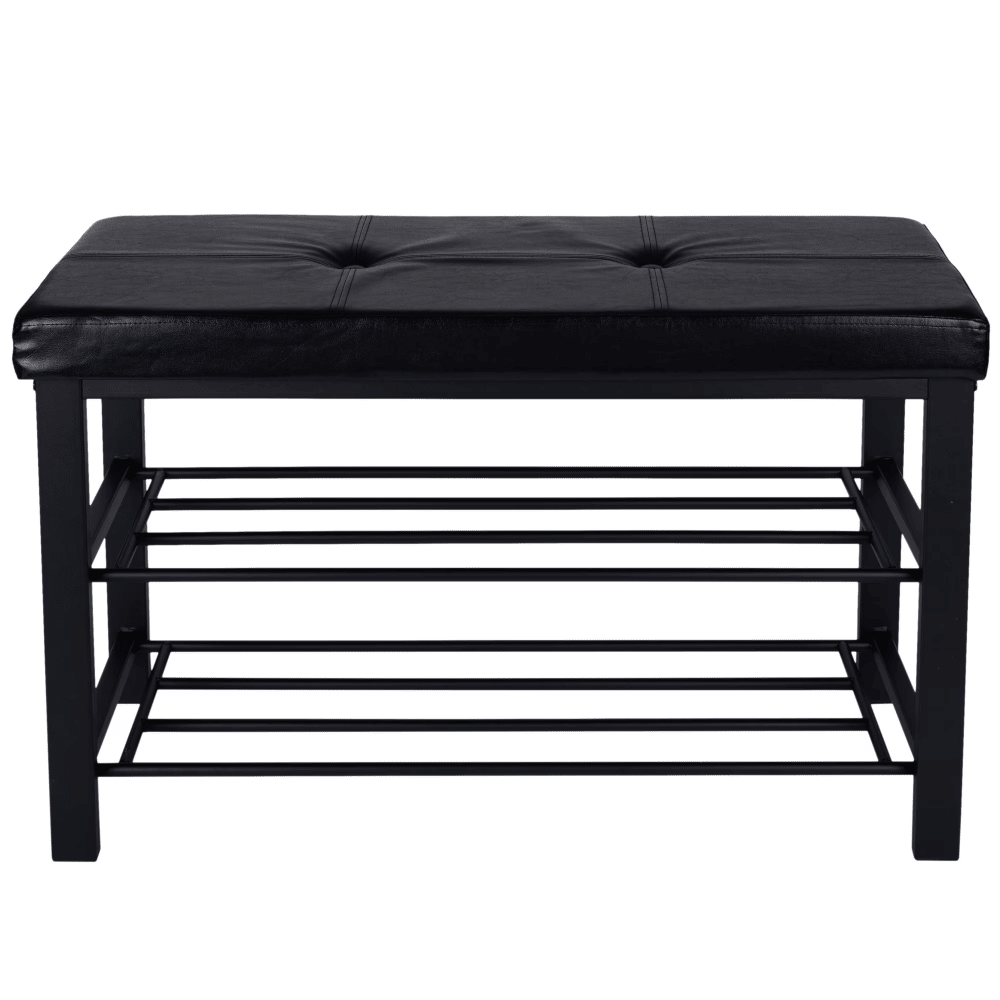 2 Tier Faux Leather Entryway Bench with 8 Pair ShoeStoragein Black