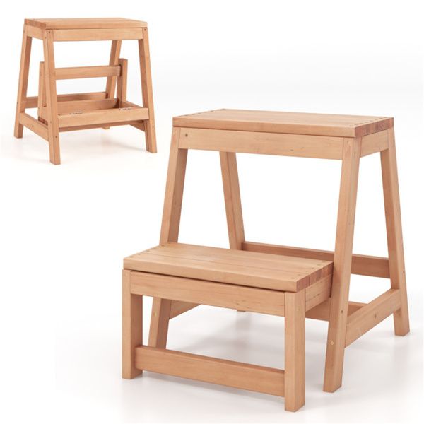 2-Tier Foldable Step Stool (Fir Wood) - 550 lbs Total Capacity, Multipurpose (Ladder/Plant Stand/Kid Stool), Natural Finish