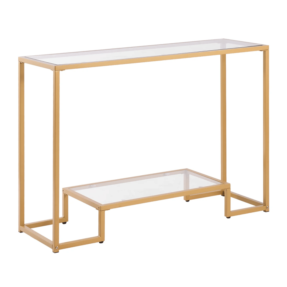 2-Tier Glass Console Table, Modern Rectangular Side Table with Tempered Glass Surface and Iron Frame, Gold Console Desk with Anti-Tip Design for Living Room, Hallway, Entryway, or Foyer
