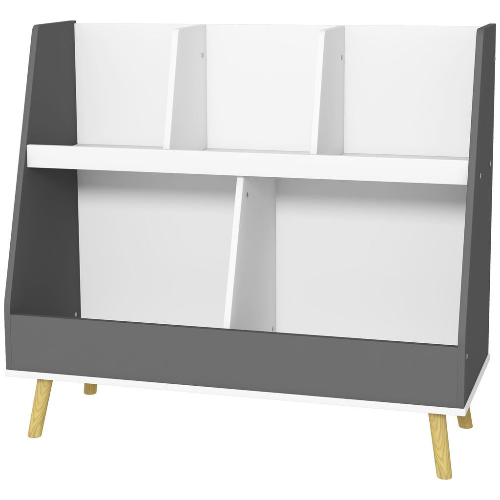 2 Tier Gray Kids Bookcase & Toy Shelf, 5 Compartments with Anti-Tip Device for Nursery, Playroom