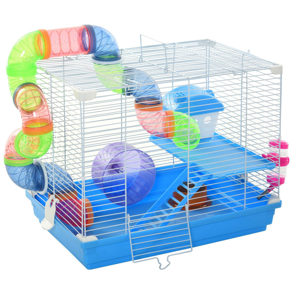 2-Tier Hamster Cage Gerbil House with Portable Carry Handles, Anti-Pinning, Plastic Tray, Water Bottle, Food Dishes, Blue