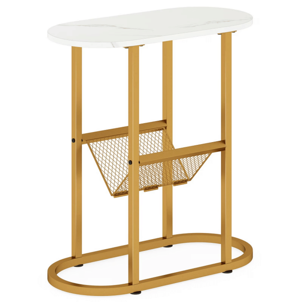 2-Tier Industrial Oval EndTablewith Mesh Shelf, Narrow SideTableforLiving Room Bedroom, SmallSpaceNightstand, White