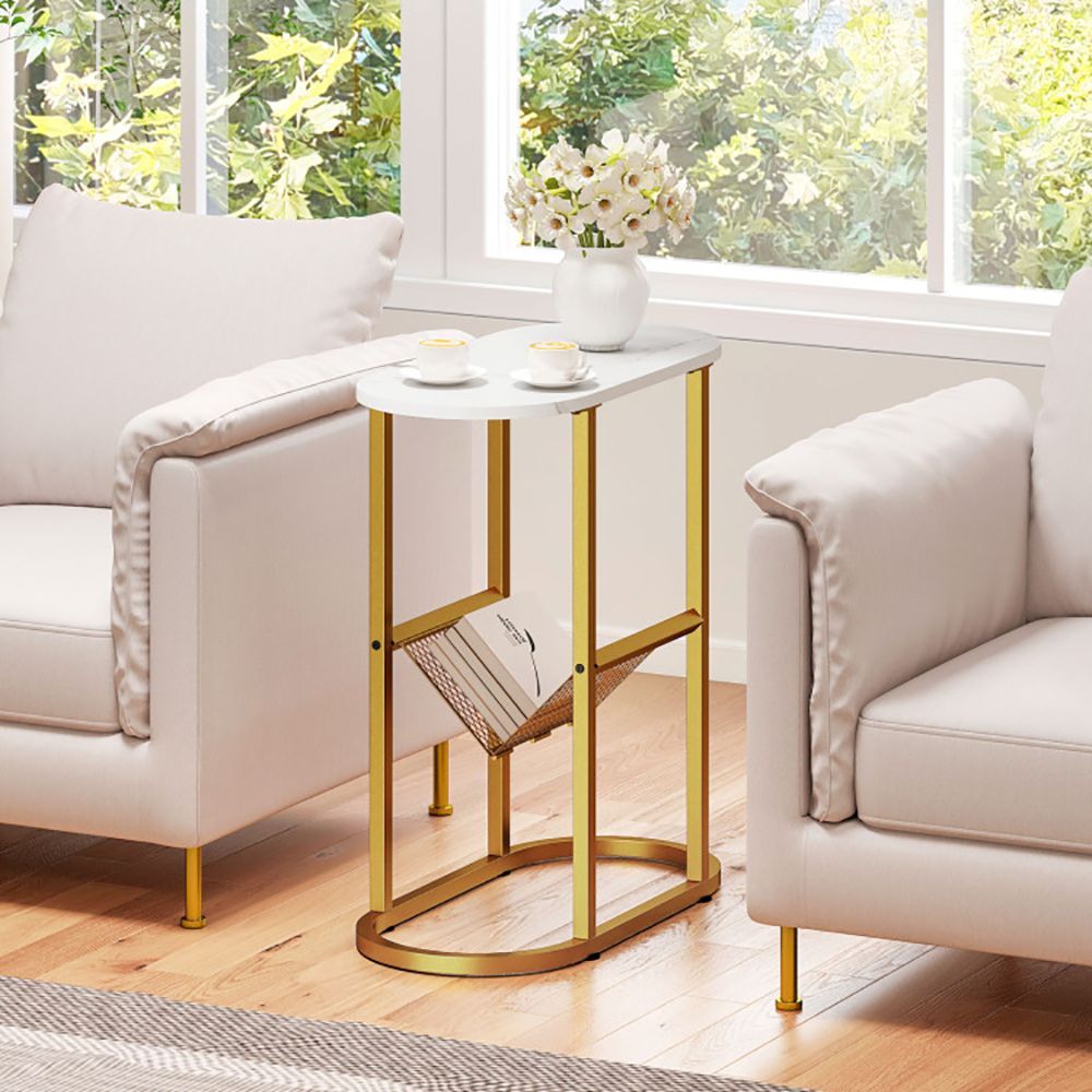 2-tier Industrial Oval Side Table with Mesh Shelf