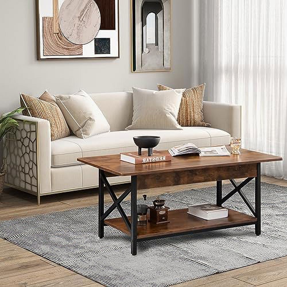 2-Tier Industrial Rectangular Coffee Table with Storage Shelf