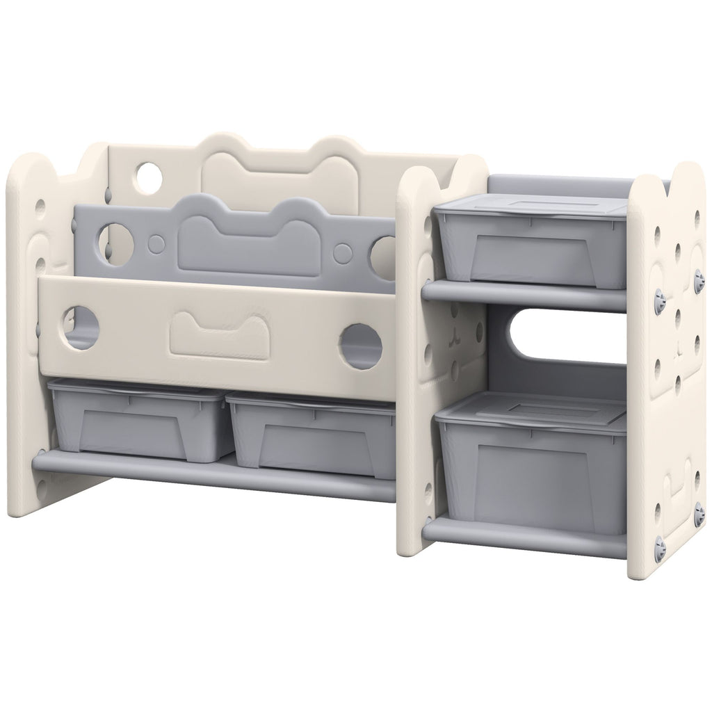 2 Tier Kids Toy Storage Organizer, Cream White with 4 Storage Boxes, Bookshelves for Nursery, Playroom