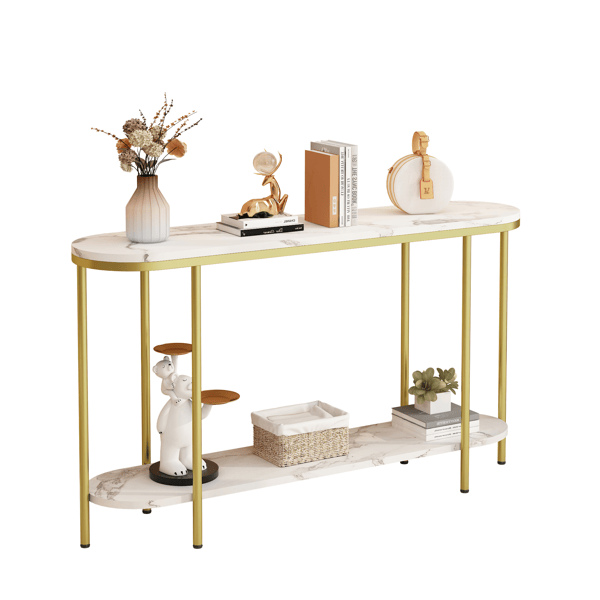 2-Tier Oval Console Table, White Faux Marble Top with Gold Metal Frame, Modern Entryway Table with Open Shelf, 42.1"×11.4"×30.5" Narrow Sofa Table for Hallway, Living Room & Foyer