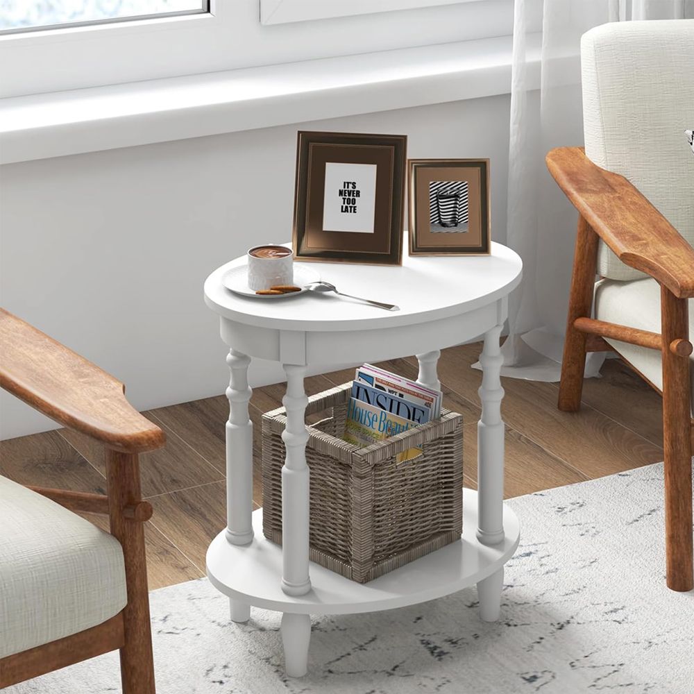 2-Tier Oval Side Table with Storage Shelf and Solid Wood Legs