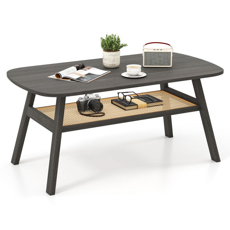 2-Tier Rectangular Center Coffee Table with Rattan Storage Shelf and Rubber Wood Legs