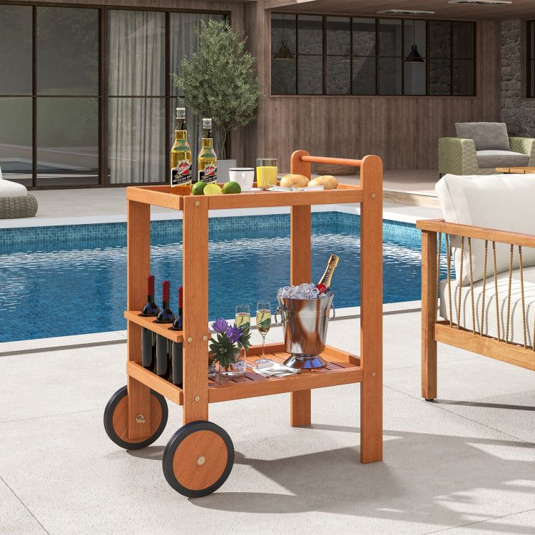 2 Tier Rolling Serving Cart with Wine Bottle Holders and 2 Rubber Wheels